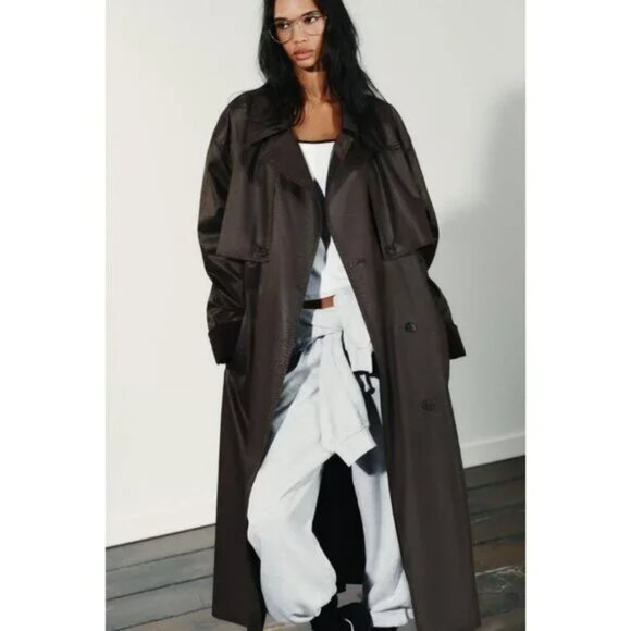 ZARA LONG WAXED TRENCH COAT WITH CORDUROY CUFFS - Picture 4 of 10